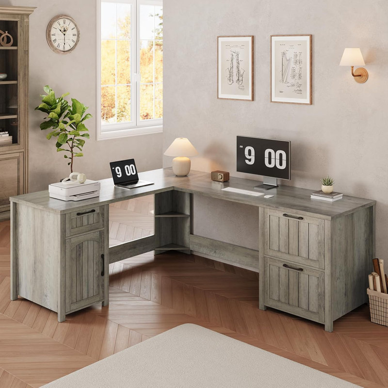 Farmhouse L Shaped Desk with 3 Drawers & Storage