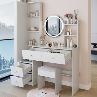 Full Body Mirror Cabinet + Round Mirror LED Vanity Table + Cushioned Stool, 17" diameter LED Mirror, Touch Control, 3-color, Brightness adjustable, Large Desktop, Multi-layer High Capacity Storage