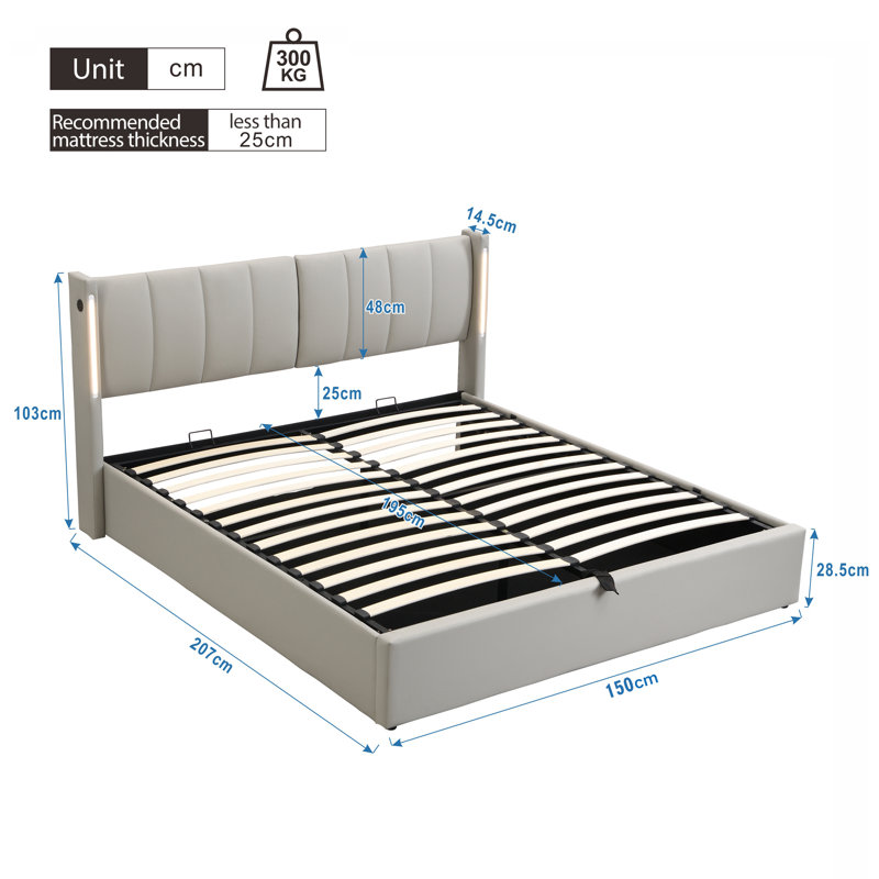 Upholstered Storage Bed With Adjustable Headboard, USB And LED PU, Grey, Kingsize (5')