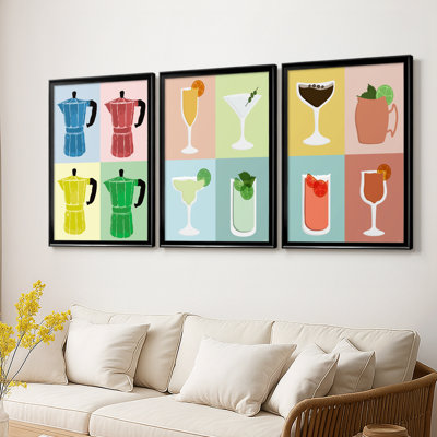 Moka Pot Colorblock  -Custom Framed  Wrapped Gallery Canvas - 3 Pieces