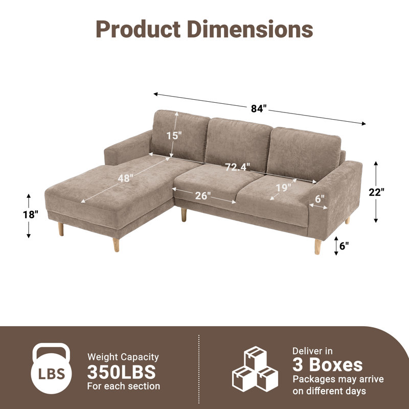 2-Piece 90" Upholstered L Shape Sectional Sofa, Khaki Chenille