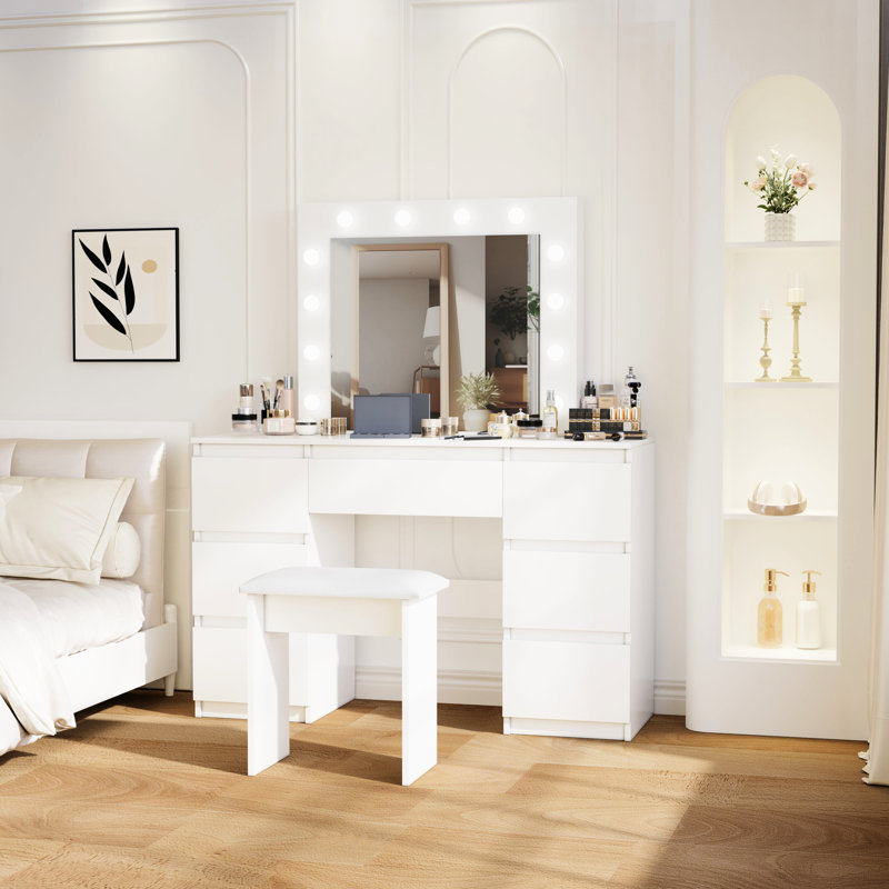 Large Vanity Table With Mirror And 3-Color - Ample Storage For Fragile Items, Construction, Contemporary Bedroom White Adjustable Lighting, Abundant Accessories In