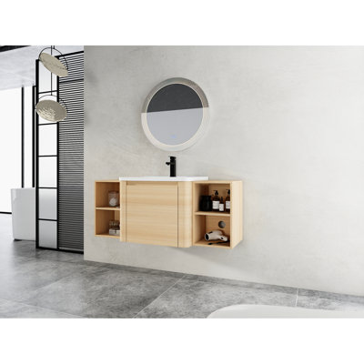 Meuble-lavabo de 48 po avec lavabo en céramique blanche, 2 tablettes de rangement, porte à fermeture en douceur, contreplaqué, chêne américain - une option fonctionnelle et élégante pour le style