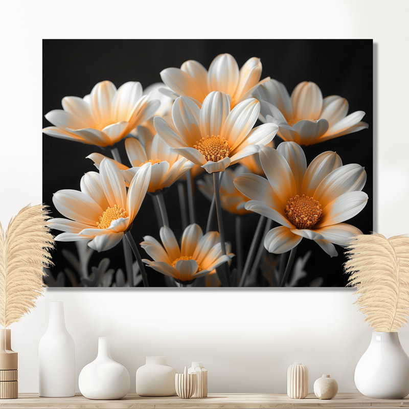Monochromes jaunes, noirs, marguerites, soufflant I - marguerites, art mural, salon, Toile tendue, H 34 po x l 44 po