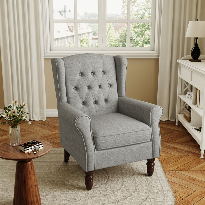 Duward 74Cm Wide Tufted Wingback Armchair with Solid Wood Legs, Light Grey Polyester Blend