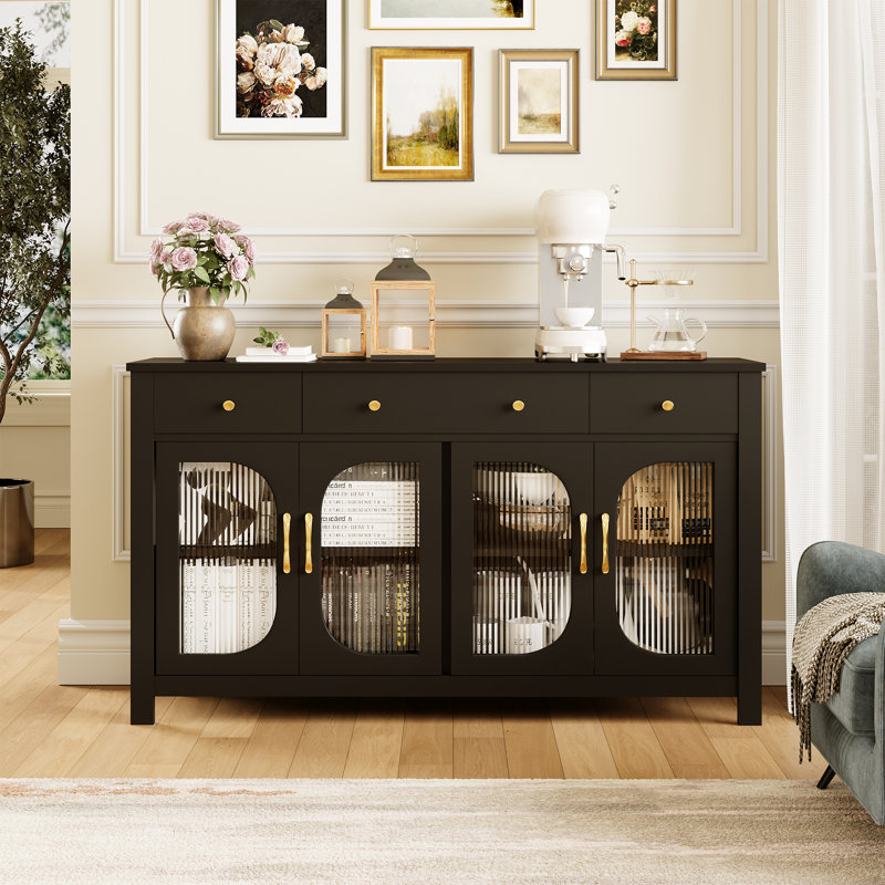 srping 55" Large Sideboard Buffet Cabinet With Storage, Kitchen Storage Cabinet With 3 Drawers And 4 Glass Doors, Buffet Table Coffee Bar Cabinet For Dining Room, Living Room
