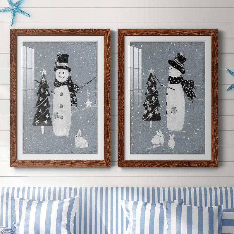 «Snowman Galvanized I», ensemble de 2 reproductions, H 31,5 po x l 47 po x P 1,5 po, Blanc, Papier avec cadre érable