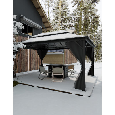 12x16 ft Hardtop Gazebo with Double Metal Roof, Aluminum Frame Patio Shelter with Curtains & Netting for Backyard