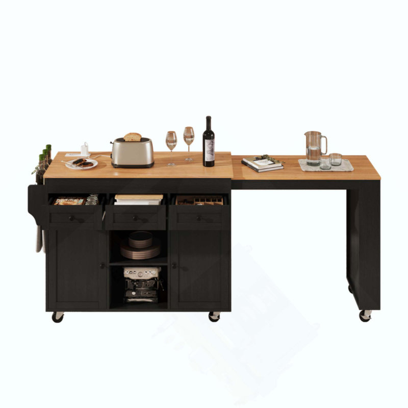 Kitchen Island With Extendable Dining Table, Kitchen Storage Table With 3 Side Open Shelves, Rolling Kitchen Island With Power Outlet, 3 Drawers, 2 Doors, For Kitchen, Dining Room