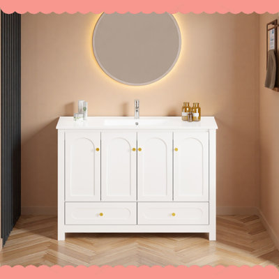 Meuble-lavabo de salle de bain avec lavabo en résine, armoire de rangement abondante - 4 portes à fermeture douce et 2 tiroirs