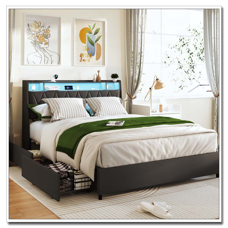 Cadre de grand lit avec tête de lit ergonomique, cadre de lit plateforme grand avec prises et chargeur et lumière DEL, cadre de lit en métal grand avec tablette de rangement