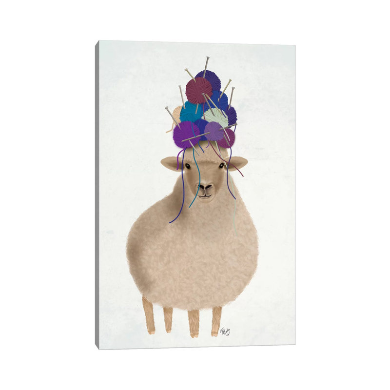 Sheep With Wool Hat, Full by Fab Funky - Wrapped Canvas Print, 20.32 cm H x 30.48 cm W