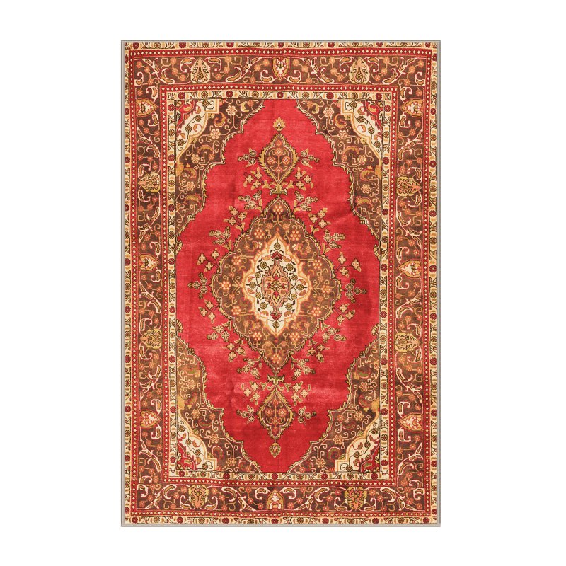 Tapis oriental en laine / polyester tissé à la machine Gerwald en orange / rouge / brun, Rectangle 7 pi x 9 pi