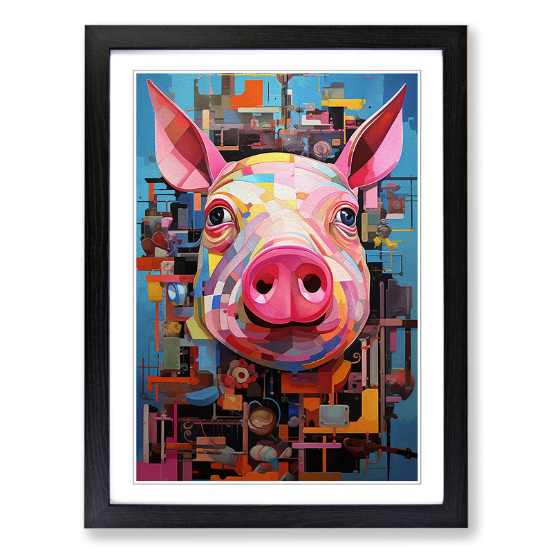 XYZ-FRM-V1223-5132 Pig Constructivism - Single Picture Frame Print on Wood, 46cm H x 34cm W x 2cm D, Black