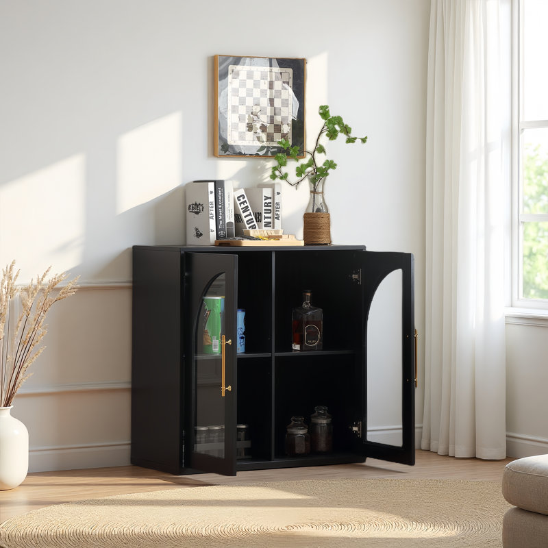 Modern Natural Buffet Sideboard, 31.5" Wide With 2 Arched Glass Doors & 2 Adjustable Shelves, Storage Cabinet For Living Room, Kitchen & Dining Room(black)