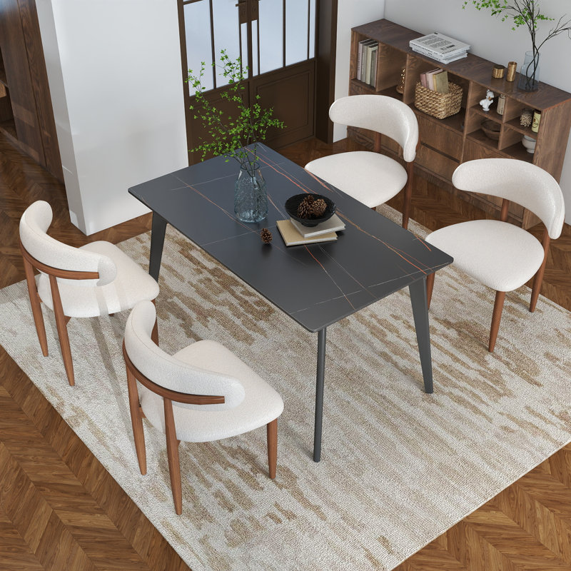 Juvan 5-Piece Modern Rectangular Sintered Stone Dining Table Set With 4 Solid Wood Chairs, Black, Beige/Brown, Gray