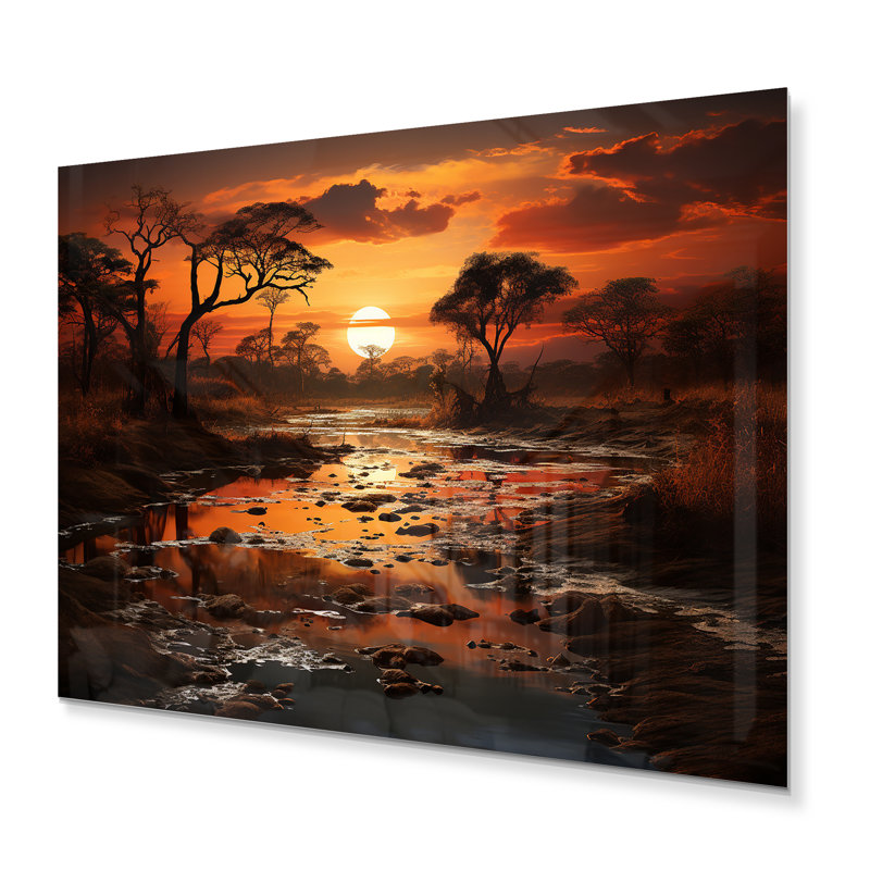 Coucher de soleil africain Oasis I - Art mural africain en métal, salon, H 24 po x l 32 po