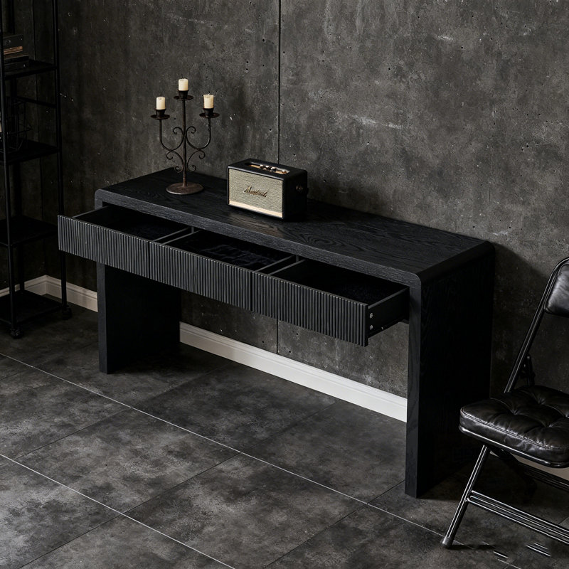 Console de tiroir à cannelure rustique - Table d'entrée en placage de bois massif, Noir