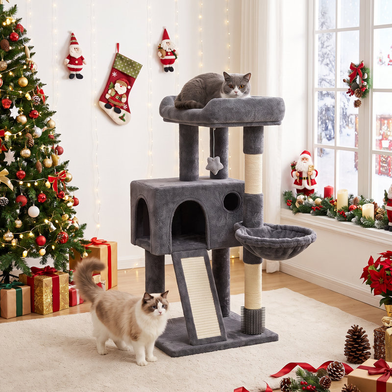 Arbre à chat 36 po, maison de chat avec chaton, poteau à griffer en sisal et rampe, Gris foncé