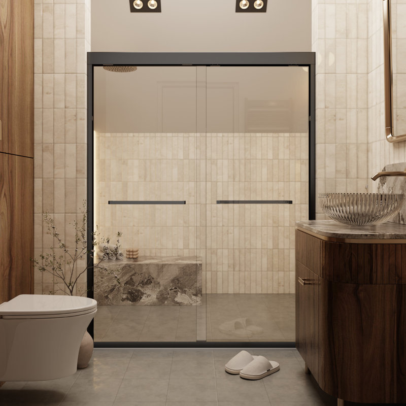 Semi-Frameless Double Sliding Shower Door, 1/4" SGCC Tempered Glass with Quiet Dual Rollers, Matte Black, 60" W x 70" H
