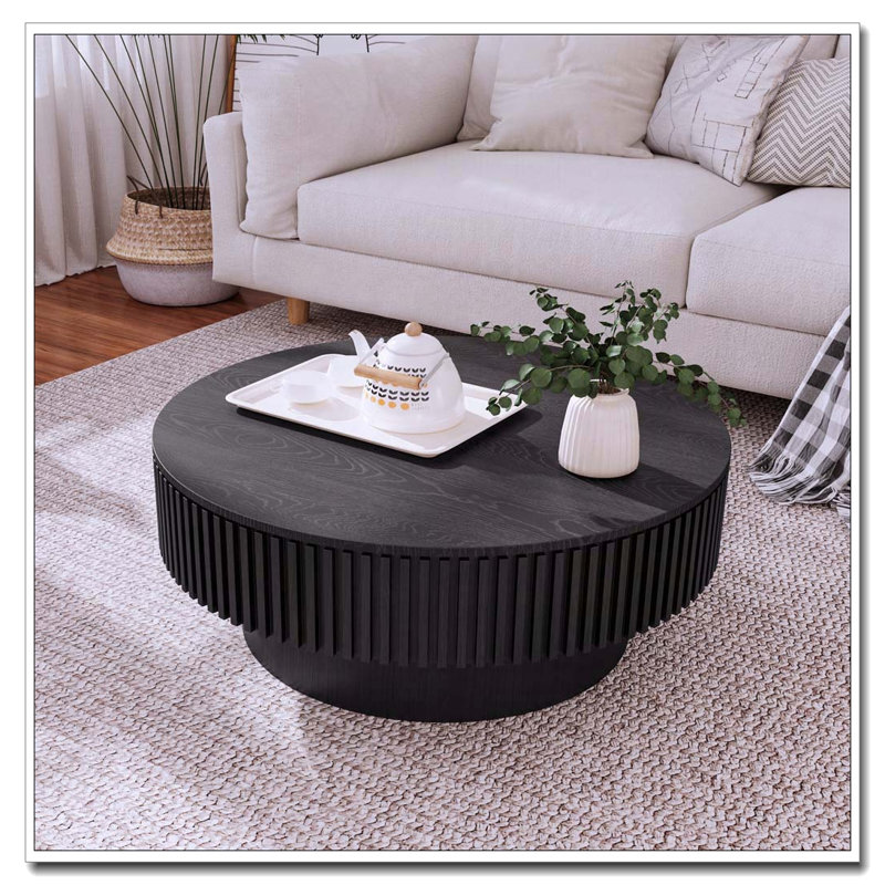 Table basse ronde en bois massif avec rangement 31,5 po, Noir, noir, noir, noir