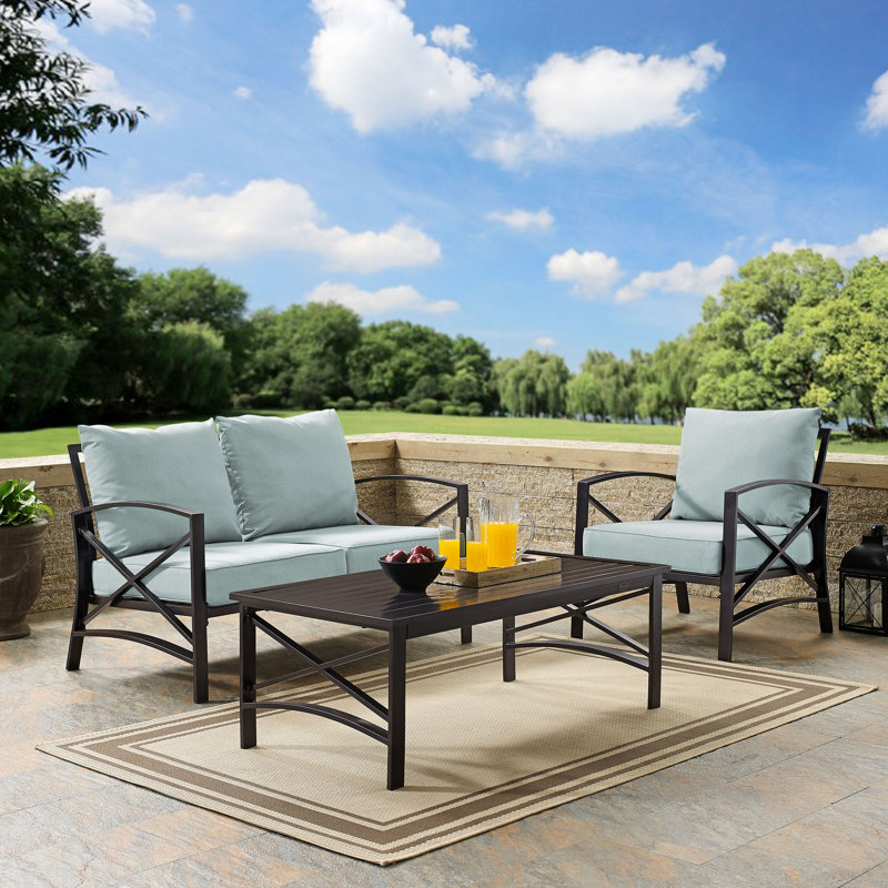 Mosier 3 - Person Patio Conversation Set with Cushions, Mist, Oiled Bronze