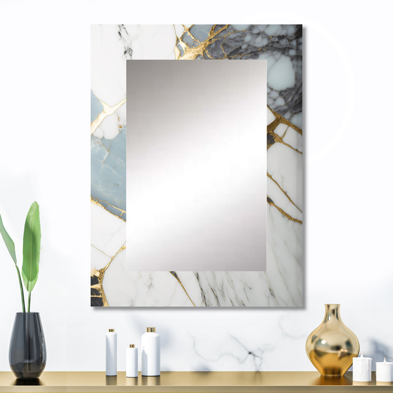 Abstract Geode Gold And White Marble I - Marble Decorative Mirror, Modern Large Wall Mirror, Printed Metal Art, 32" x 24"
