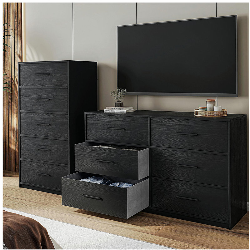 Armoire 6 tiroirs avec grand tiroir en tissu, noir, Noir