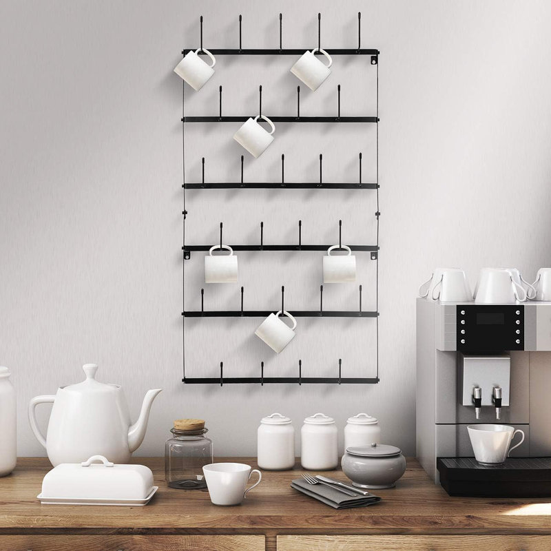 Porte-tasses à 6 niveaux pour mur Sorbus - Porte-tasses à café rustique avec 21 crochets, noir