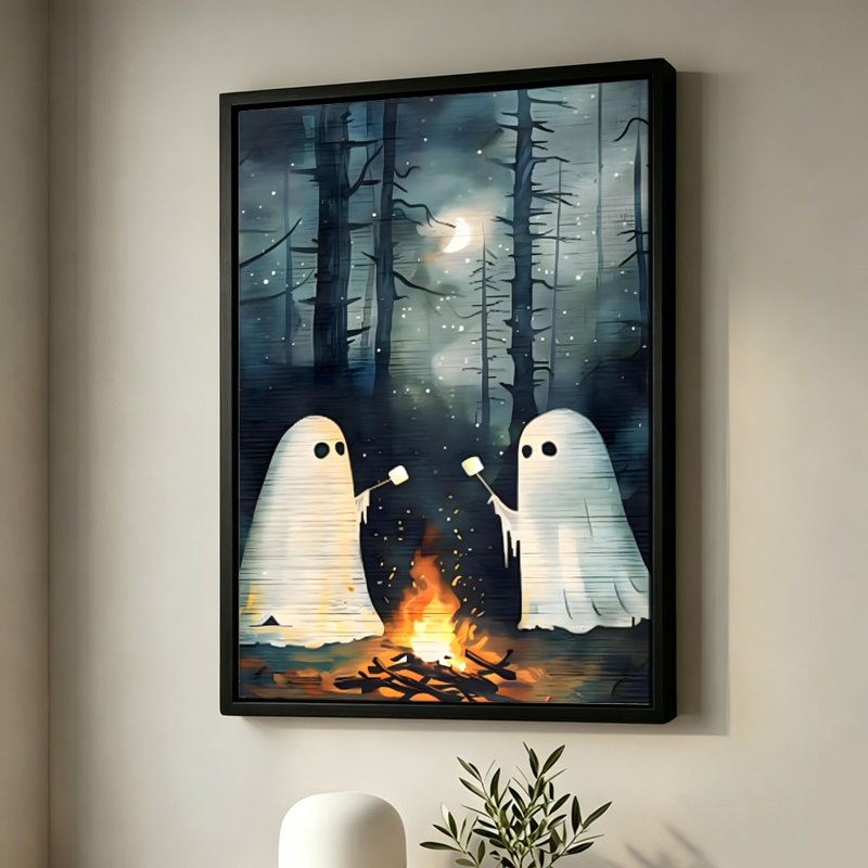Halloween : Deux fantômes faisant griller des guimauves la nuit, tableau sur toile encadré, cadre marron, 61 x 91 cm, 24x36