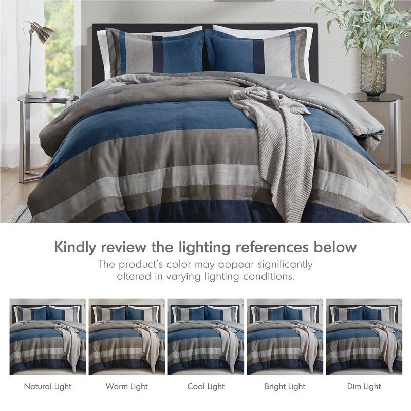 Boulder Stripe Pieced Microsuede Cozy Comforter Set, Blue, Full/Queen Comforter + 2 Standard Shams