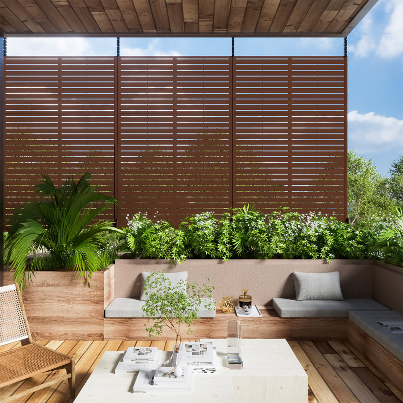 Privacy Metal Screen Fence Panel Horizontal Stripe Pattern, 72'' H X 47'' W, Brown