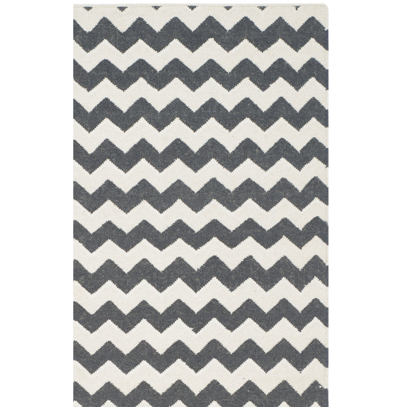 Rodgers Hand Woven Flat Weave Wool/Banana Silk/Cotton Chevron Rug in Ivory/Charcoal, Runner 2'6" x 8'
