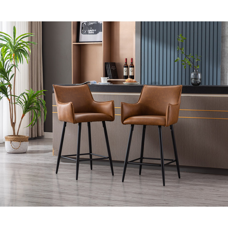 Brown Leather Upholstered Counter Stools with Metal Frame, Set of 2