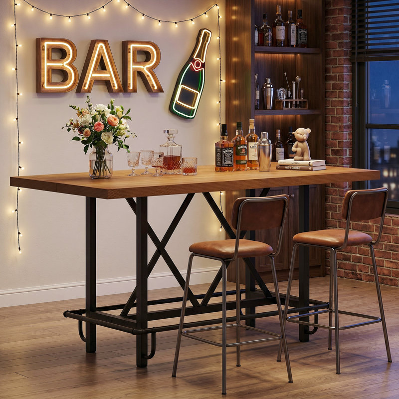 Counter Height Bar Table, 62.99" Long Pub Bar Table With Metal Footrest For Dining Kitchen Breakfast, Light Oak