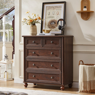 Farmhouse 5 Drawer Dresser For Bedroom, 35.5" Tall Small Dressers & Chest Of Drawers, Rustic Wood Dresser With Roman Column, Storage Organizer For Living Room, Hallway, Closet