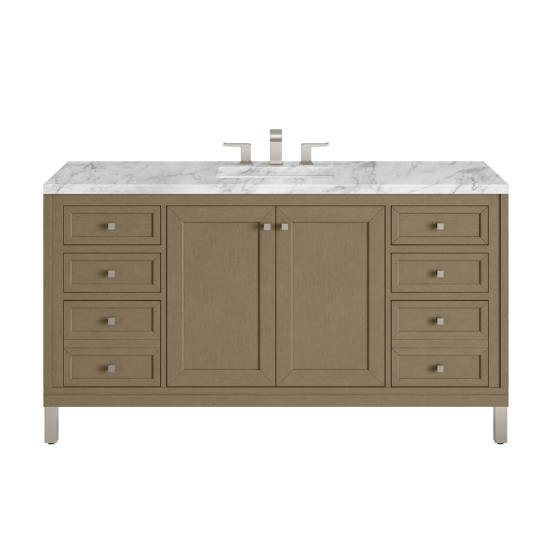 Chicago 60'' W Double Vanity, Walnut Whisper, Carrara White, 8" Widespread