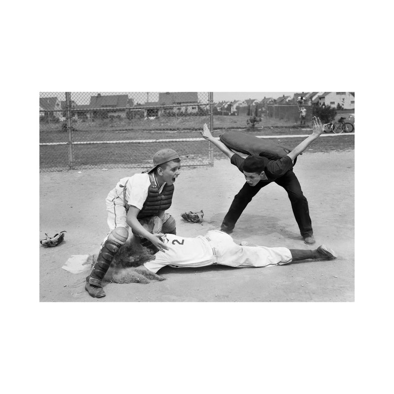 1950s Little League Umpire Calling Baseball Player Safe Sliding Into Home Plate - Wrapped Canvas Print