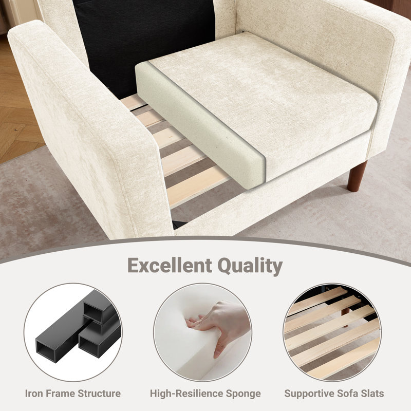 37 " Faux Leather Accent Chair Spacious Upholstered Armchair Set Of 2, Beige Chenille