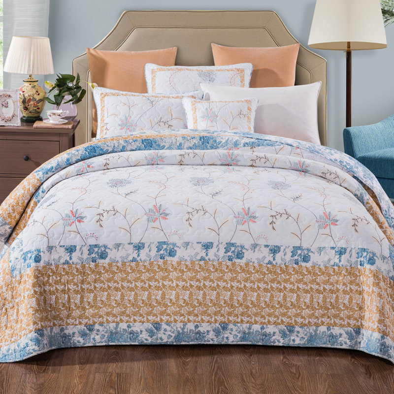 Cotton Reversible Embroidery Quilt Set, Queen Quilt + 2 Standard Shams