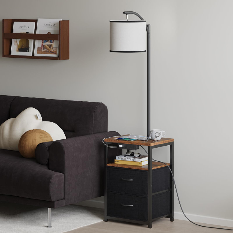 Lampe de table de chevet moderne avec tiroirs, ports USB et prise de courant CA, table de chevet polyvalente, Noir / noyer