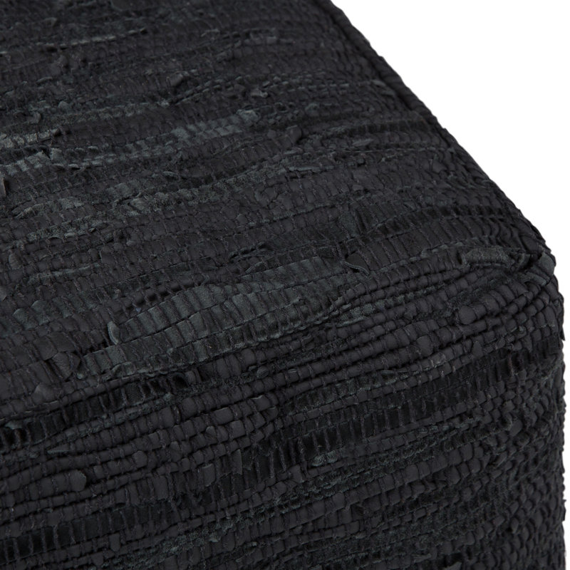 Pouf carré de 18 po de largeur en cuir véritable tissé noir