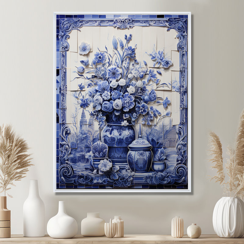 Art mural bleu et blanc Boho Flower Pottery II - Boho Pottery, H 32 po x l 16 po x P 1 po, Cadre flottant blanc