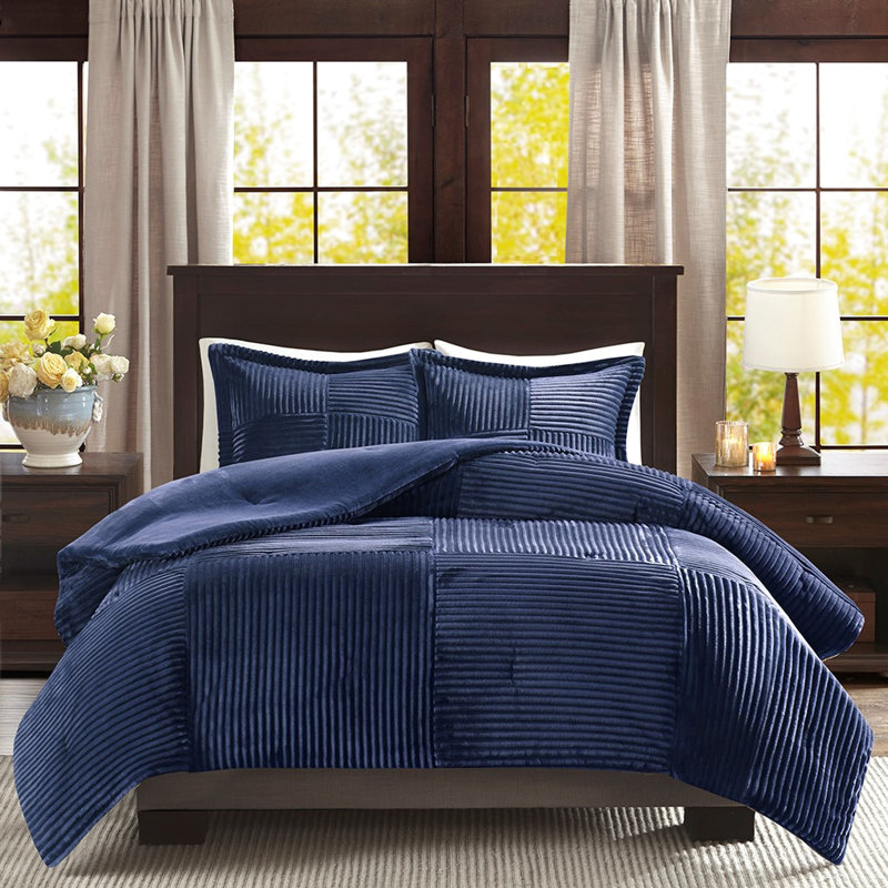 Navy Comforter For Full/queen - Down Alternative, Ribbed Front, Solid Back, Machine Washable, With 1 And 2 Shams , Surface, Reverse, &