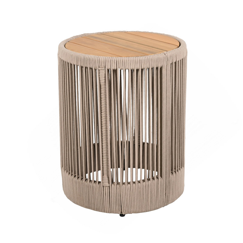 Outdoor Rattan Rope & Acacia Wood Side Table Patio Balcony Furniture For Garden, Yard, Balcony Weather Resistant(Rope Beige, Natural Iron