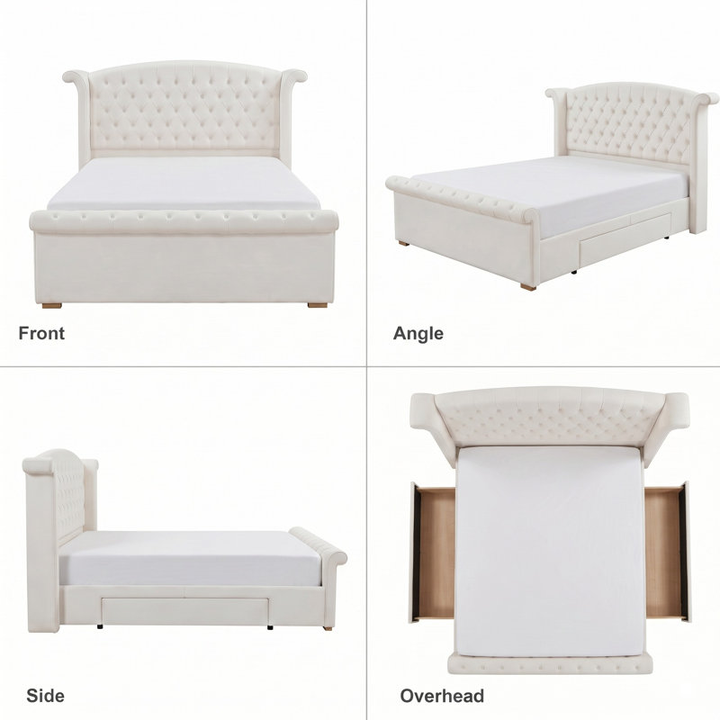 Wingback Tufted Upholstered Sleigh Bed with 2 Storage Drawers, Queen, Cream Velvet, Queen, Cream