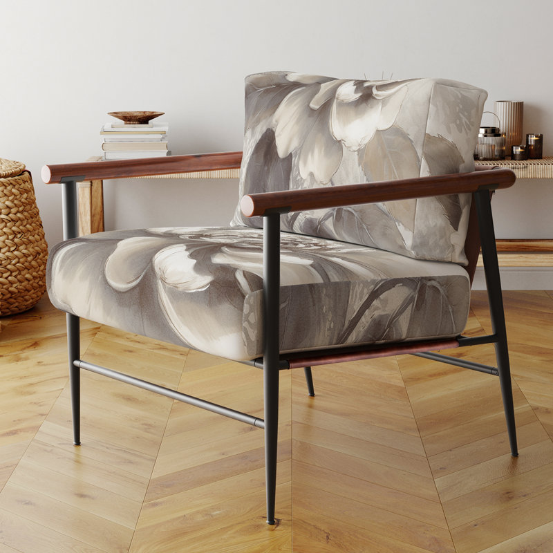 Fauteuil d'appoint rembourré floral à motif floral pivoines grises II, Doré