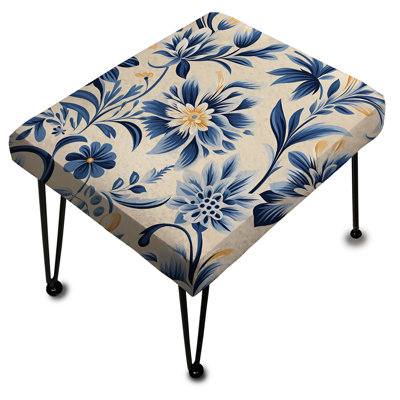 Motif floral damassé bleu et beige - Repose-pieds rectangulaire damassé