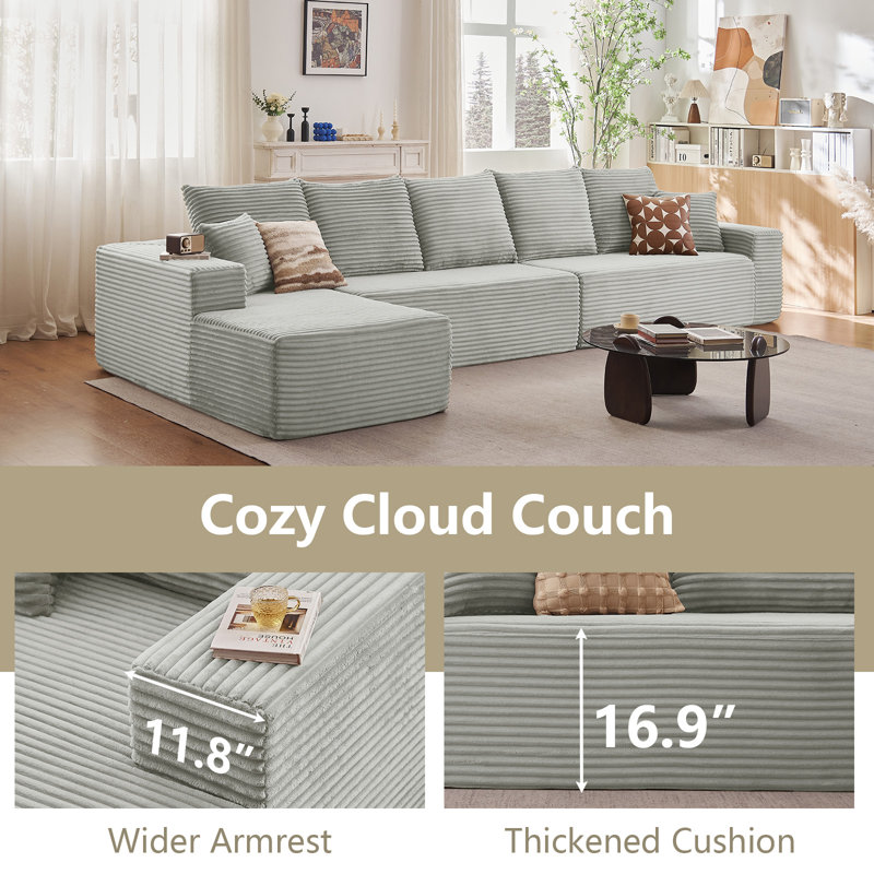Canapé modulaire 166,9 "avec méridienne gauche, canapé en forme de L moderne avec assise profonde, canapé 5 places en velours côtelé confortable, coussins de compression en éponge pour le salon, aucun assemblage requis