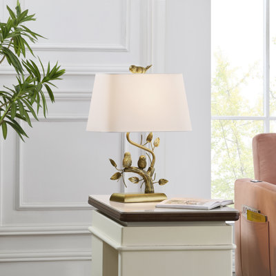 22" Gold Resin Table Lamp With Birds And Rectangle Linen Shade